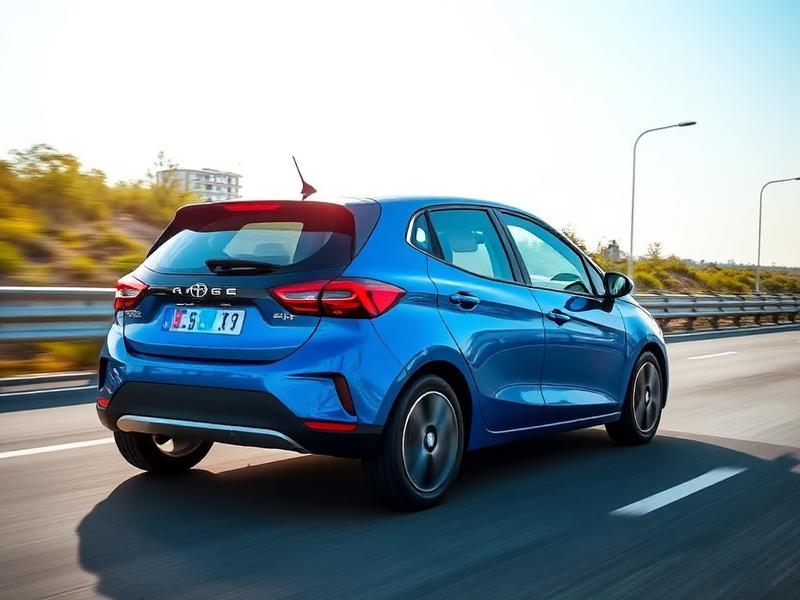 Carro hatch azul em rodovia